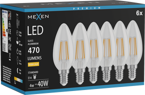Mexen Vintis 6x LED žárovka filament E14, C35, 4W, Teplá - 2700K, 470 lm, čirá - L154-E14-0427-00x06