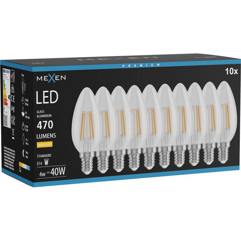 Mexen Vintis 10x LED filamentová žárovka E14, C35, 4W, Teplá - 2700K, 470 lm, čirá - L154-E14-0427-00x10