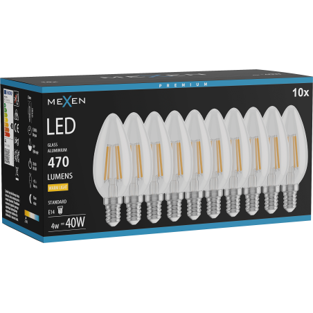 Mexen Vintis 10x LED filamentová žárovka E14, C35, 4W, Teplá - 2700K, 470 lm, čirá - L154-E14-0427-00x10