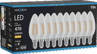 Mexen Vintis 10x LED filamentová žárovka E14, C35, 4W, Teplá - 2700K, 470 lm, čirá - L154-E14-0427-00x10