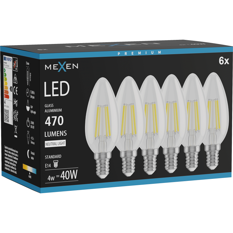 Mexen Vintis 6x Žárovka filament LED E14, C35, 4W, Neutrální - 4000K, 470 lm, čirá - L154-E14-0427-00x06