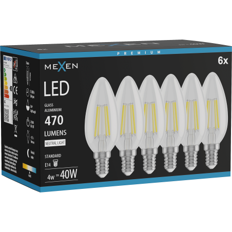 Mexen Vintis 6x Žárovka filament LED E14, C35, 4W, Neutrální - 4000K, 470 lm, čirá - L154-E14-0427-00x06