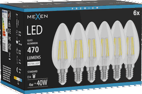 Mexen Vintis 6x Žárovka filament LED E14, C35, 4W, Neutrální - 4000K, 470 lm, čirá - L154-E14-0427-00x06