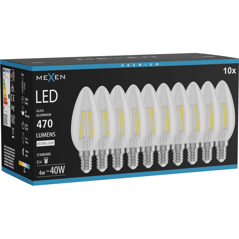 Mexen Vintis 10x žárovka filament LED E14, C35, 4W, Neutrální - 4000K, 470 lm, čirá - L154-E14-0427-00x10