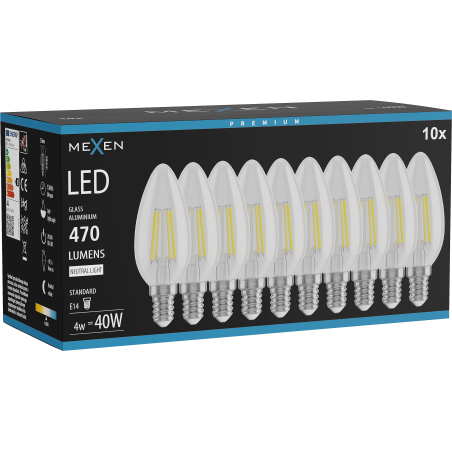 Mexen Vintis 10x žárovka filament LED E14, C35, 4W, Neutrální - 4000K, 470 lm, čirá - L154-E14-0427-00x10