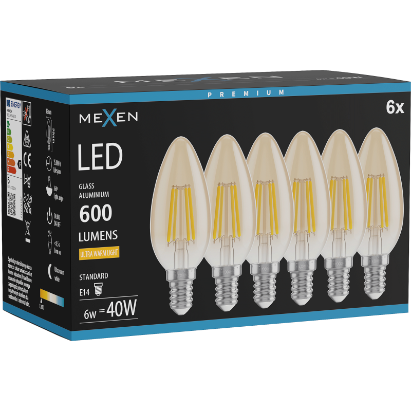 Mexen Vintis 6x LED žárovka s vláknem E14, C35, 6W, Teplá - 2200K, 600 lm, jantarová - L154-E14-0622-50x06