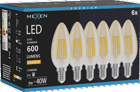 Mexen Vintis 6x LED žárovka s vláknem E14, C35, 6W, Teplá - 2200K, 600 lm, jantarová - L154-E14-0622-50x06