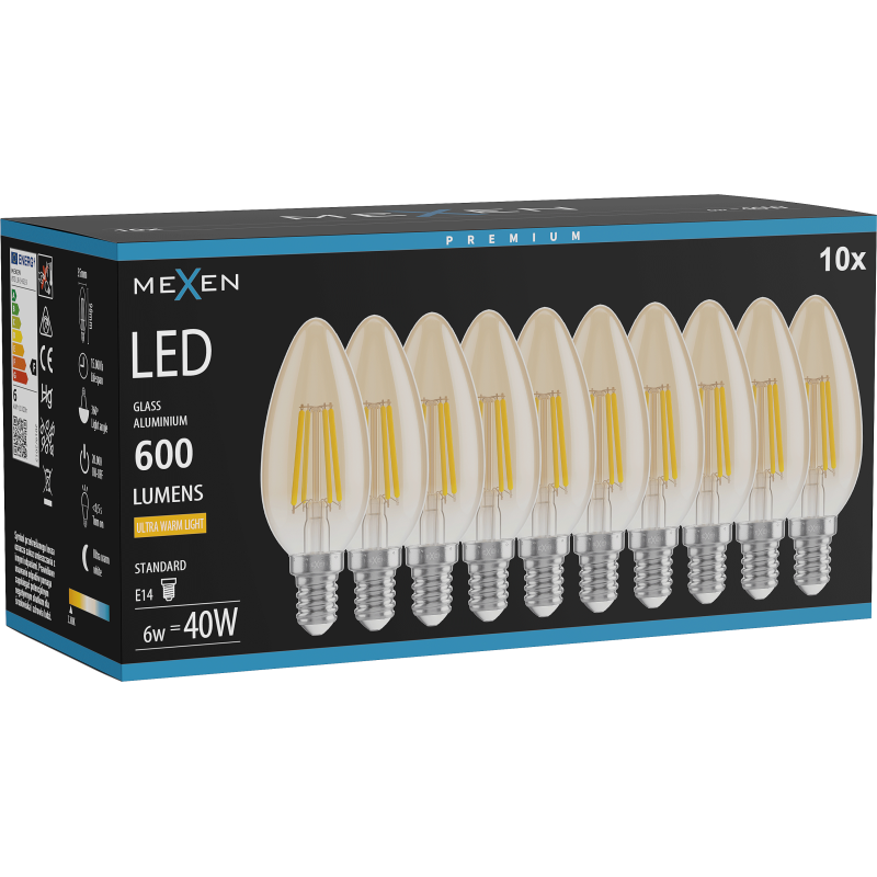 Mexen Vintis 10x žárovka filament LED E14, C35, 6W, Teplá - 2200K, 600 lm, jantarová - L154-E14-0622-50x10