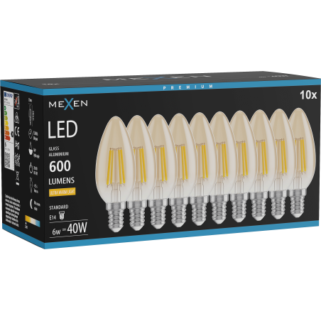 Mexen Vintis 10x žárovka filament LED E14, C35, 6W, Teplá - 2200K, 600 lm, jantarová - L154-E14-0622-50x10