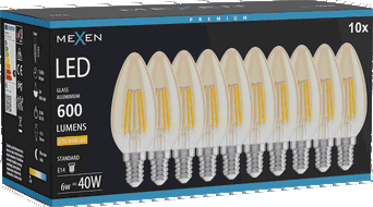 Mexen Vintis 10x žárovka filament LED E14, C35, 6W, Teplá - 2200K, 600 lm, jantarová - L154-E14-0622-50x10