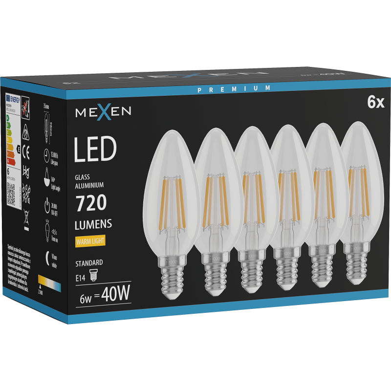 Mexen Vintis 6x žárovka filament LED E14, C35, 6W, Teplá - 2700K, 720 lm, čirá - L154-E14-0627-00x06