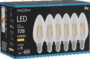 Mexen Vintis 6x žárovka filament LED E14, C35, 6W, Teplá - 2700K, 720 lm, čirá - L154-E14-0627-00x06