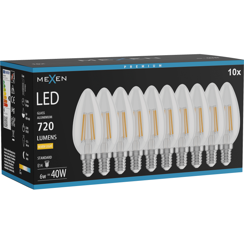 Mexen Vintis 10x žárovka filament LED E14, C35, 6W, Teplá - 2700K, 720 lm, čirá - L154-E14-0627-00x10