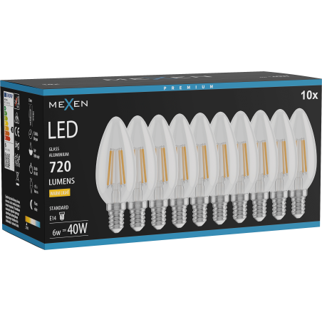 Mexen Vintis 10x žárovka filament LED E14, C35, 6W, Teplá - 2700K, 720 lm, čirá - L154-E14-0627-00x10