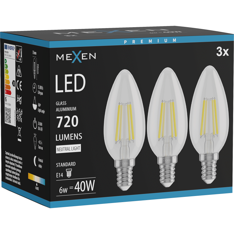 Mexen Vintis 3x LED filament žárovka E14, C35, 6W, Neutrální - 4000K, 720 lm, čirá - L154-E14-0640-00x03