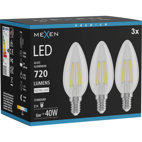 Mexen Vintis 3x LED filament žárovka E14, C35, 6W, Neutrální - 4000K, 720 lm, čirá - L154-E14-0640-00x03