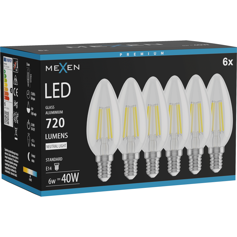 Mexen Vintis 6x žárovka filament LED E14, C35, 6W, Neutrální - 4000K, 720 lm, čirá - L154-E14-0640-00x06