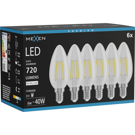 Mexen Vintis 6x žárovka filament LED E14, C35, 6W, Neutrální - 4000K, 720 lm, čirá - L154-E14-0640-00x06