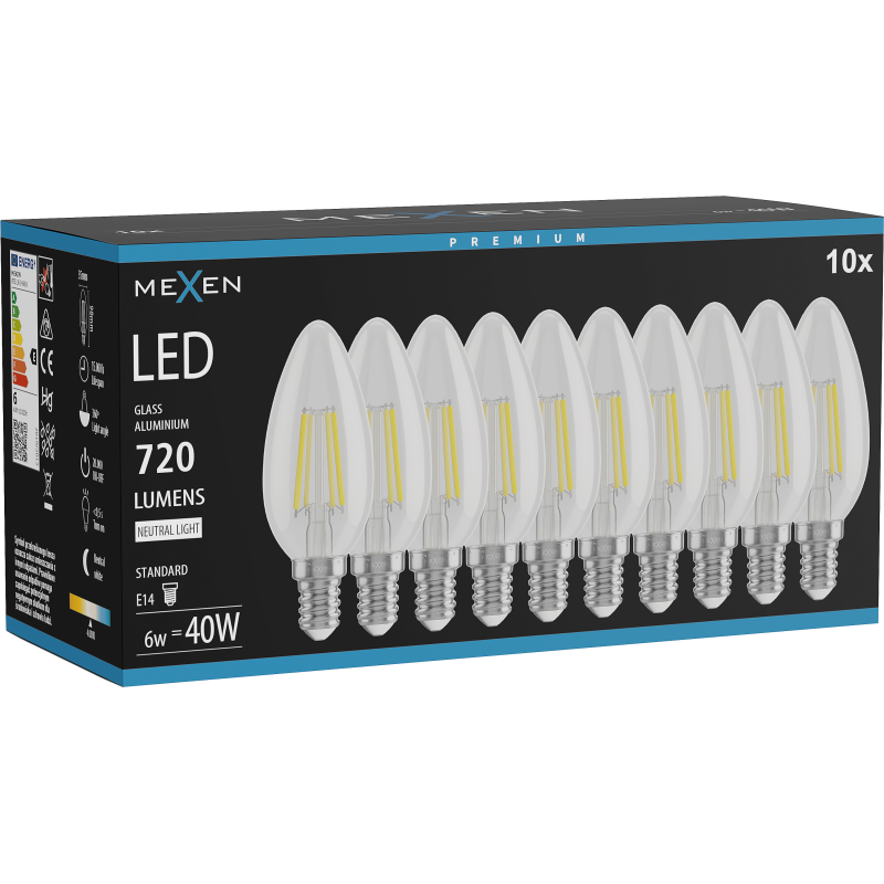 Mexen Vintis 10x Led žárovka filament E14, C35, 6W, Neutrální - 4000K, 720 lm, clear - L154-E14-0640-00x10