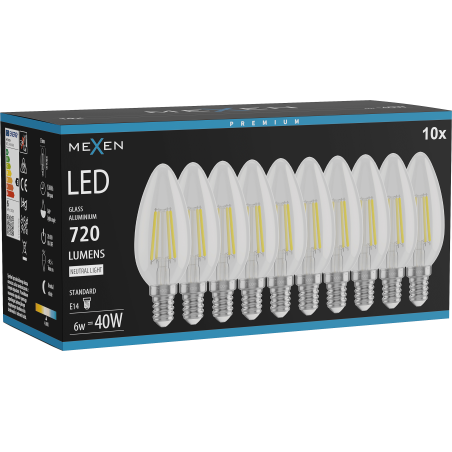 Mexen Vintis 10x Led žárovka filament E14, C35, 6W, Neutrální - 4000K, 720 lm, clear - L154-E14-0640-00x10