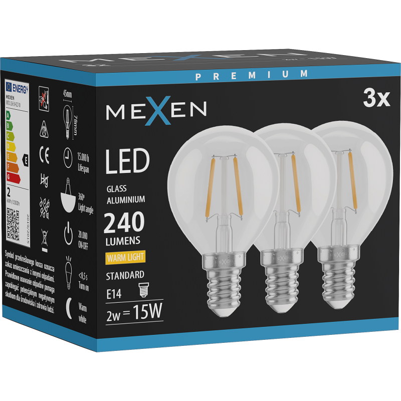 Mexen Vintis 3x žárovka filament LED E14, G45, 2W, Teplá - 2700K, 240 lm, čirá - L156-E14-0227-00x03