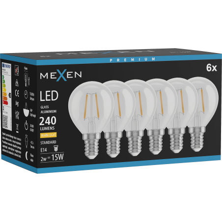 Mexen Vintis 6x LED vlákno žárovka E14, G45, 2W, Teplá - 2700K, 240 lm, čirá - L156-E14-0227-00x06