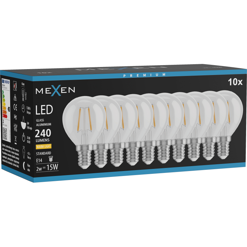Mexen Vintis 10x žárovka filament LED E14, G45, 2W, Teplá - 2700K, 240 lm, čirá - L156-E14-0227-00x10