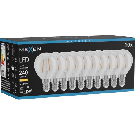 Mexen Vintis 10x žárovka filament LED E14, G45, 2W, Teplá - 2700K, 240 lm, čirá - L156-E14-0227-00x10