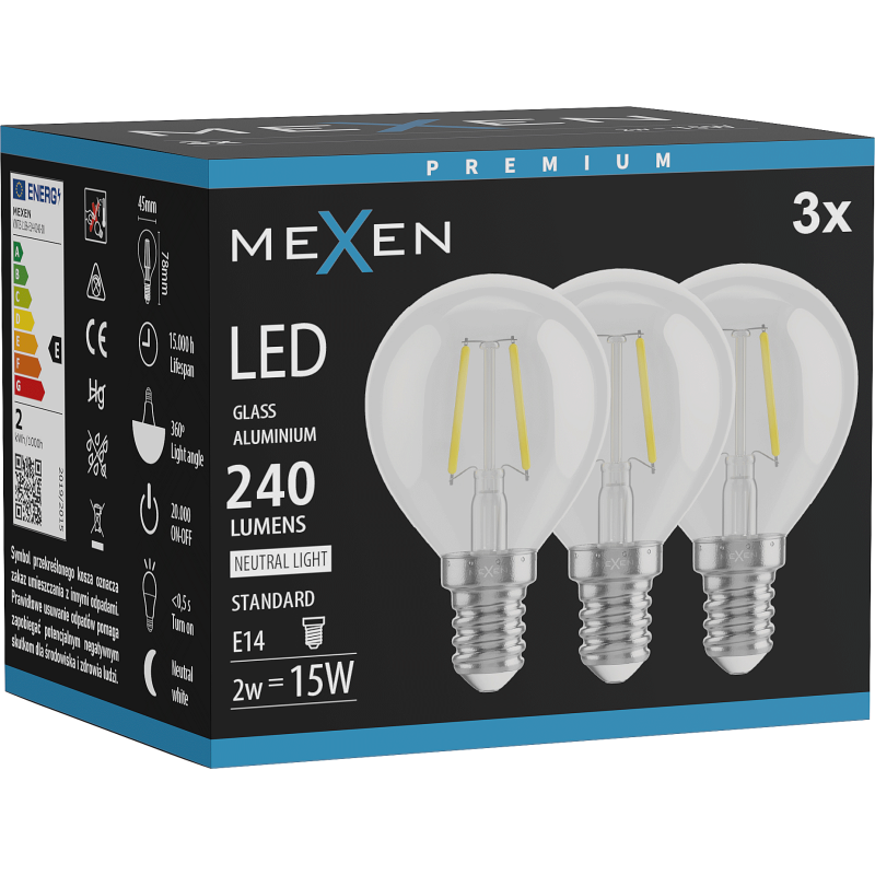 Mexen Vintis 3x Žárovka filament LED E14, G45, 2W, Neutrální - 4000K, 240 lm, čirá - L156-E14-0240-00x03