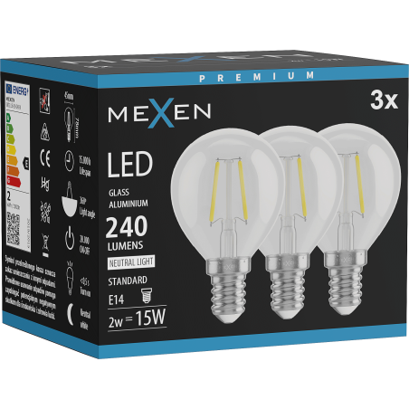 Mexen Vintis 3x Žárovka filament LED E14, G45, 2W, Neutrální - 4000K, 240 lm, čirá - L156-E14-0240-00x03