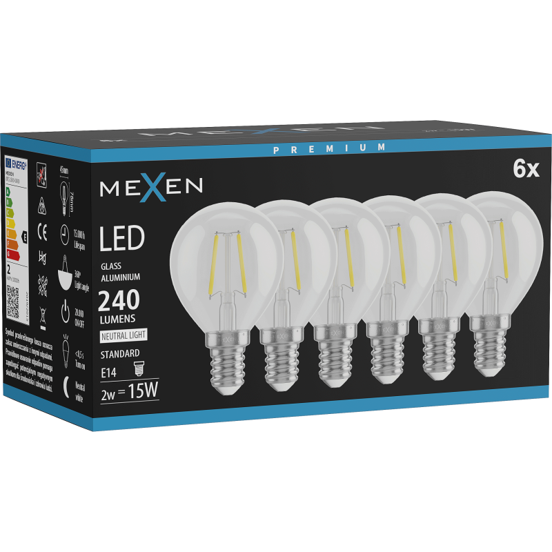 Mexen Vintis 6x žárovka filament LED E14, G45, 2W, Neutrální - 4000K, 240 lm, čirá - L156-E14-0240-00x06