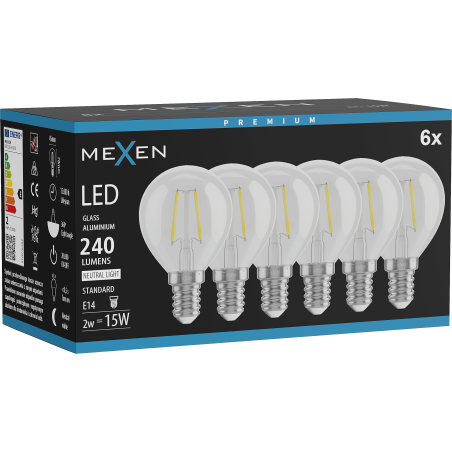 Mexen Vintis 6x žárovka filament LED E14, G45, 2W, Neutrální - 4000K, 240 lm, čirá - L156-E14-0240-00x06