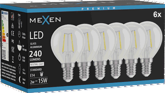 Mexen Vintis 6x žárovka filament LED E14, G45, 2W, Neutrální - 4000K, 240 lm, čirá - L156-E14-0240-00x06
