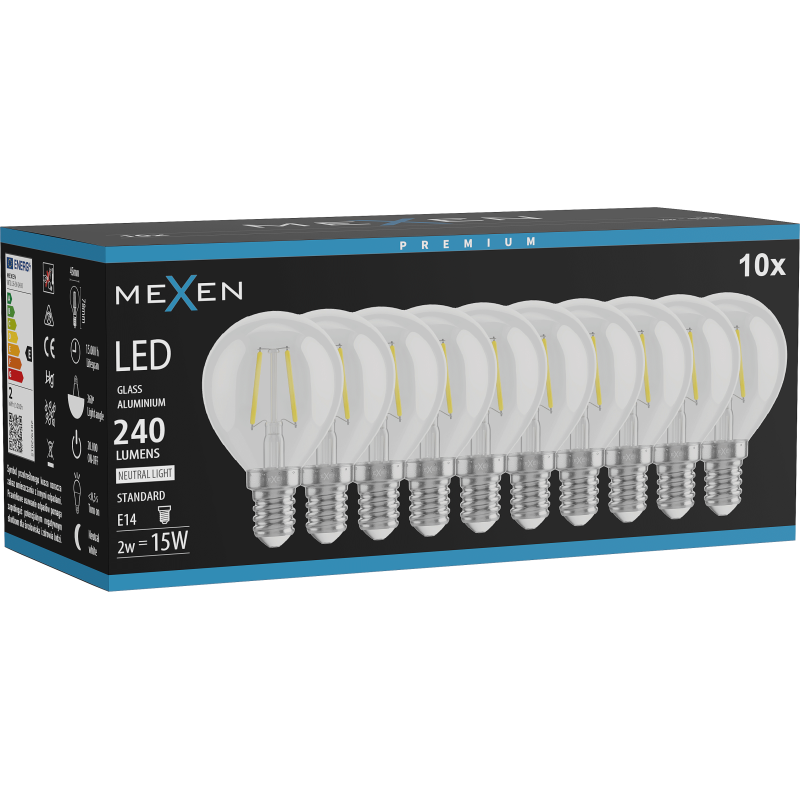 Mexen Vintis 10x žárovka filament LED E14, G45, 2W, Neutrální - 4000K, 240 lm, čirá - L156-E14-0240-00x10