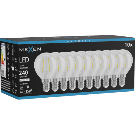 Mexen Vintis 10x žárovka filament LED E14, G45, 2W, Neutrální - 4000K, 240 lm, čirá - L156-E14-0240-00x10