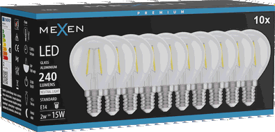 Mexen Vintis 10x žárovka filament LED E14, G45, 2W, Neutrální - 4000K, 240 lm, čirá - L156-E14-0240-00x10