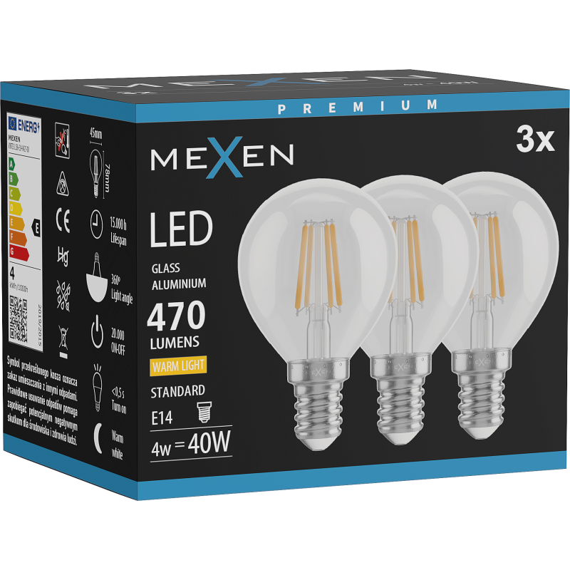 Mexen Vintis 3x LED žárovka filamentová E14, G45, 4W, Teplá - 2700K, 470 lm, čirá - L156-E14-0427-00x03