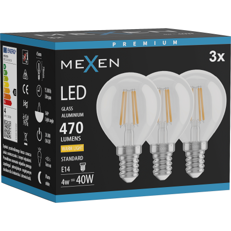 Mexen Vintis 3x LED žárovka filamentová E14, G45, 4W, Teplá - 2700K, 470 lm, čirá - L156-E14-0427-00x03