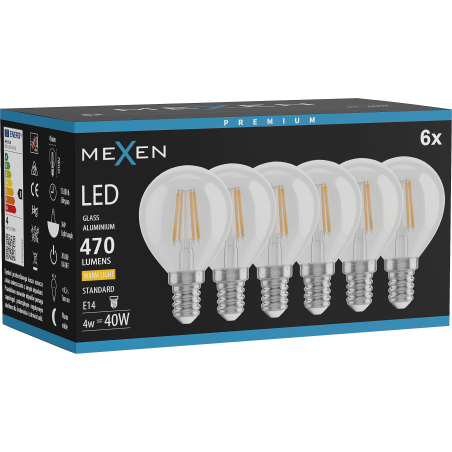 Mexen Vintis 6x Žárovka filament LED E14, G45, 4W, Teplá - 2700K, 470 lm, čirá - L156-E14-0427-00x06