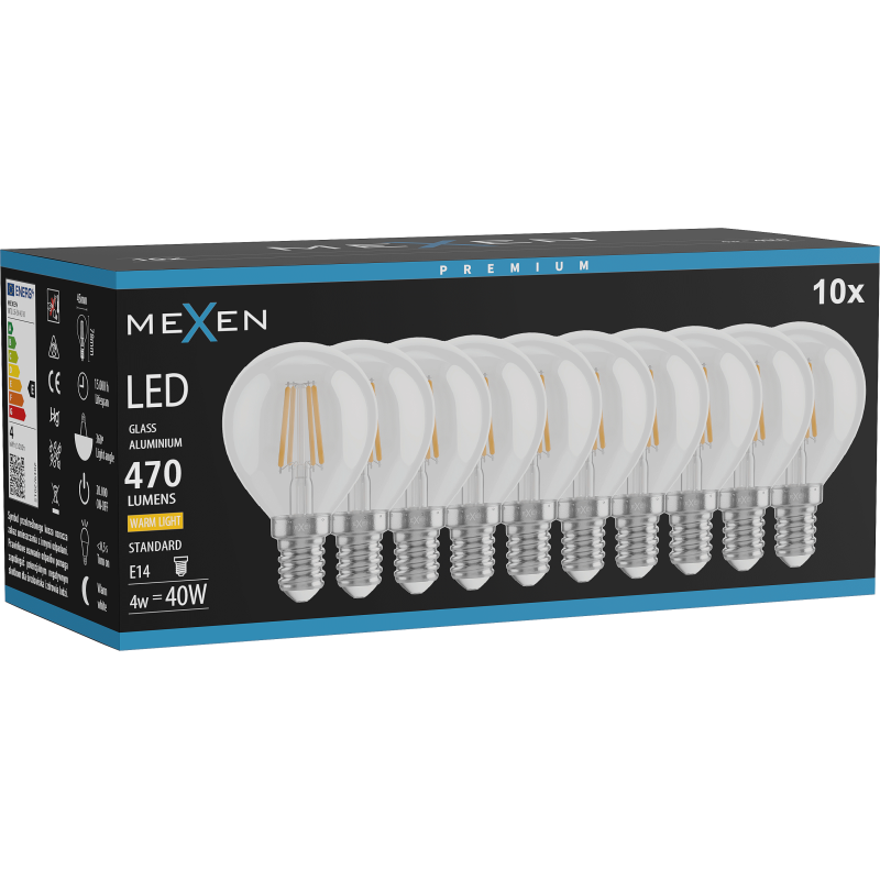 Mexen Vintis 10x žárovka filament LED E14, G45, 4W, Teplá - 2700K, 470 lm, čirá - L156-E14-0427-00x10