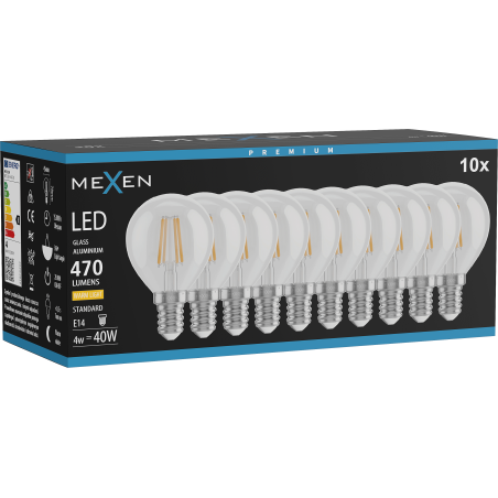 Mexen Vintis 10x žárovka filament LED E14, G45, 4W, Teplá - 2700K, 470 lm, čirá - L156-E14-0427-00x10