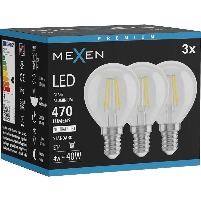 Mexen Vintis 3x žárovka filament LED E14, G45, 4W, Neutrální - 4000K, 470 lm, čirá - L156-E14-0427-00x03
