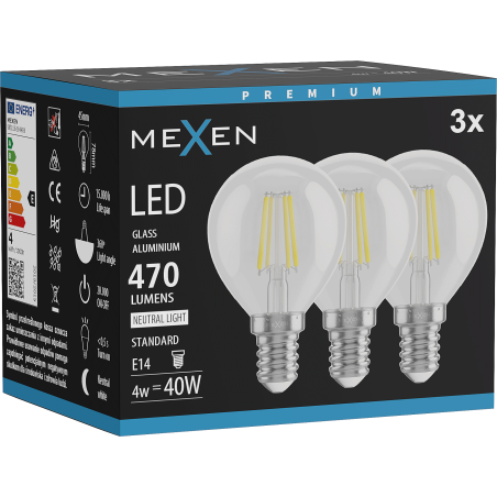 Mexen Vintis 3x žárovka filament LED E14, G45, 4W, Neutrální - 4000K, 470 lm, čirá - L156-E14-0427-00x03