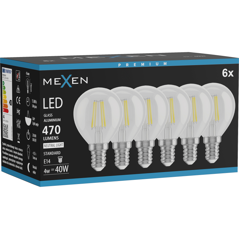 Mexen Vintis 6x žárovka filament LED E14, G45, 4W, Neutrální - 4000K, 470 lm, čirá - L156-E14-0427-00x06