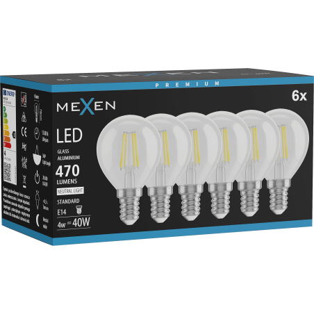 Mexen Vintis 6x žárovka filament LED E14, G45, 4W, Neutrální - 4000K, 470 lm, čirá - L156-E14-0427-00x06