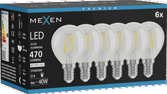 Mexen Vintis 6x žárovka filament LED E14, G45, 4W, Neutrální - 4000K, 470 lm, čirá - L156-E14-0427-00x06
