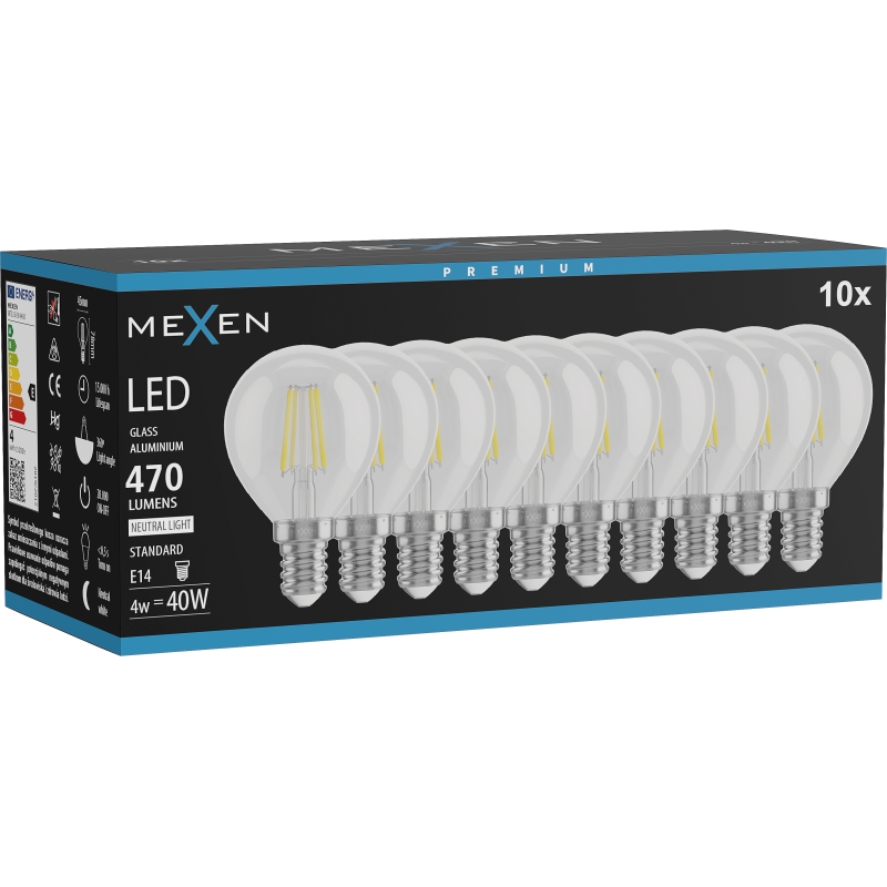 Mexen Vintis 10x LED filament žárovka E14, G45, 4W, Neutrální - 4000K, 470 lm, čirá - L156-E14-0427-00x10