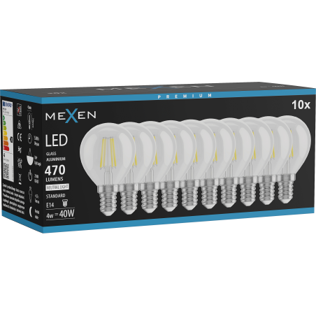 Mexen Vintis 10x LED filament žárovka E14, G45, 4W, Neutrální - 4000K, 470 lm, čirá - L156-E14-0427-00x10