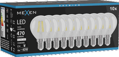 Mexen Vintis 10x LED filament žárovka E14, G45, 4W, Neutrální - 4000K, 470 lm, čirá - L156-E14-0427-00x10