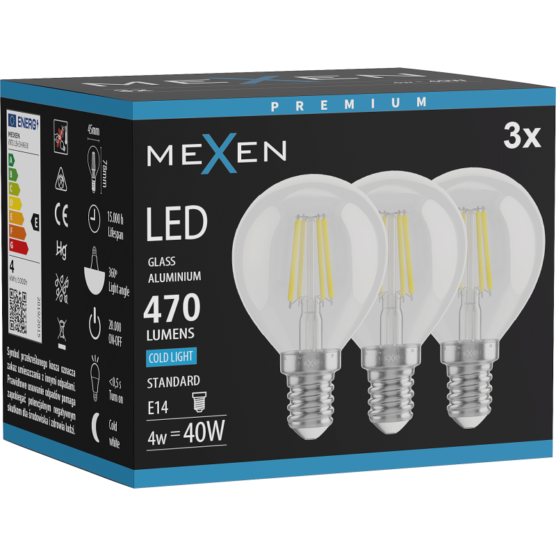 Mexen Vintis 3x LED žárovka filament E14, G45, 4W, Studená - 6500K, 470 lm, čirá - L156-E14-0465-00x03